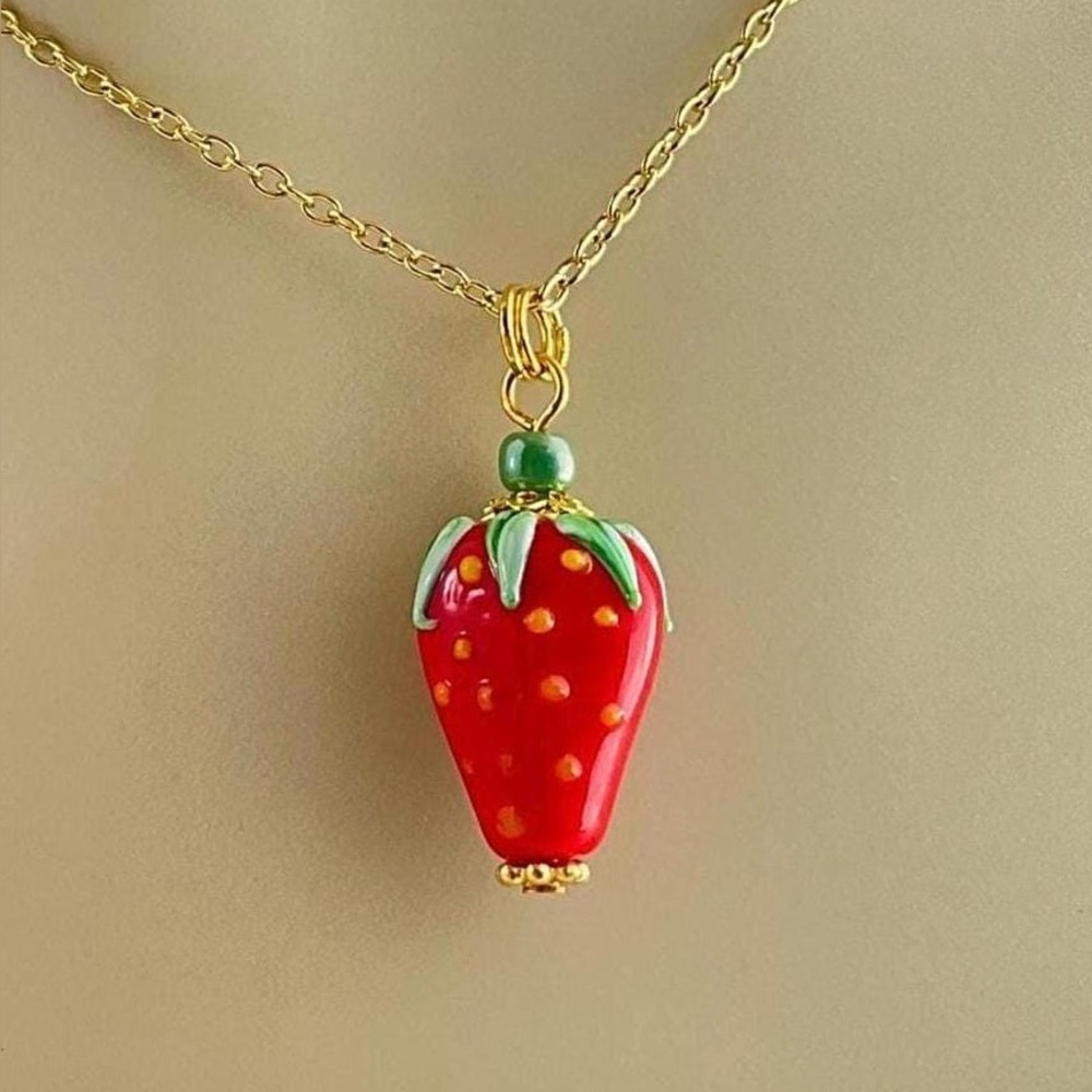 Handmade Strawberry Pendant Necklace, Lamp Work Glass, Strawberry Girl, BoHo